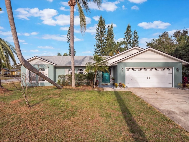 single story home featuring a garage and a front yard