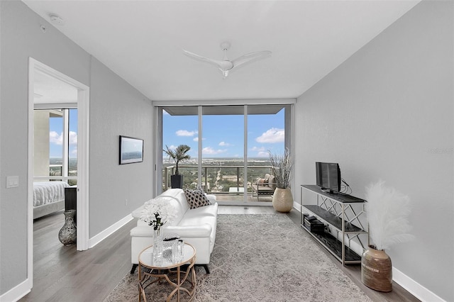 living room with expansive windows and hardwood / wood-style floors