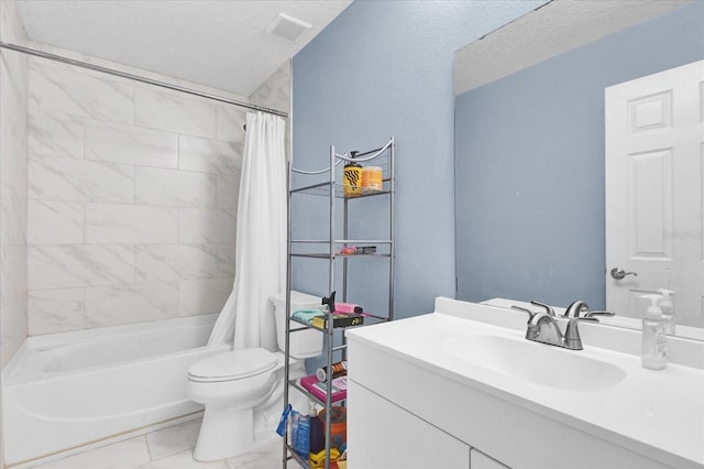 full bathroom featuring shower / tub combo, vanity, toilet, and a textured ceiling