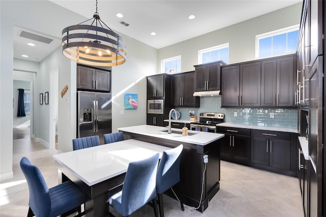 kitchen with stainless steel appliances, pendant lighting, sink, and a center island with sink