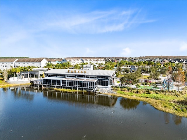 aerial view featuring a water view