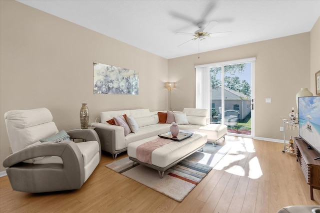 living room featuring ceiling fan and light wood-type flooring