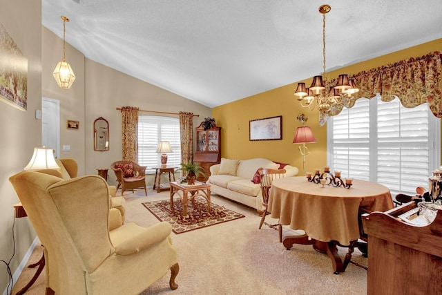 carpeted living room with lofted ceiling and a textured ceiling