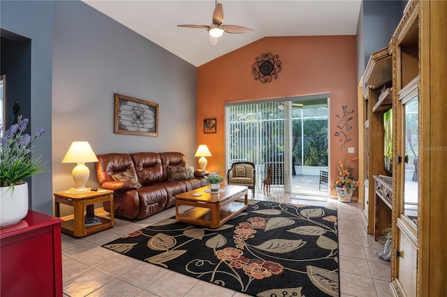 living room featuring ceiling fan, high vaulted ceiling, and light tile patterned floors