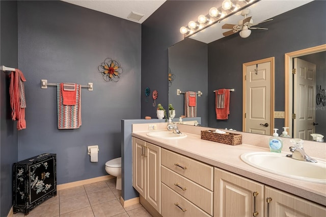 bathroom with ceiling fan, tile patterned floors, toilet, and vanity