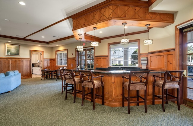 bar with decorative light fixtures, ornamental molding, and dark colored carpet