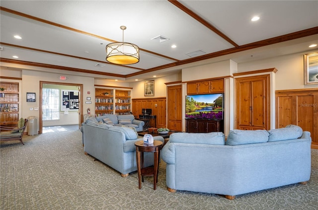 carpeted living room with crown molding