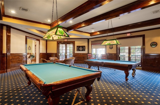 game room featuring french doors, billiards, ornamental molding, and plenty of natural light