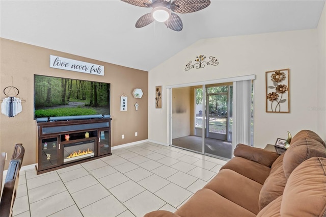 living room featuring light tile patterned floors, vaulted ceiling, and ceiling fan