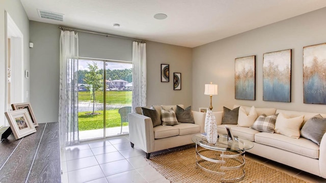 living room featuring tile patterned flooring