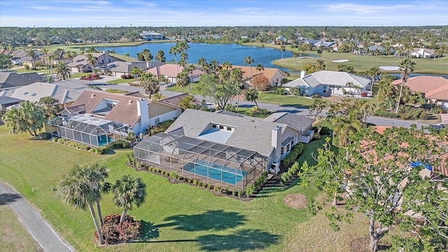 aerial view featuring a water view