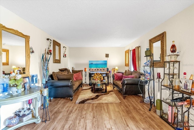 living room with a textured ceiling and light wood-type flooring