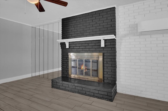 details featuring a brick fireplace, crown molding, and ceiling fan