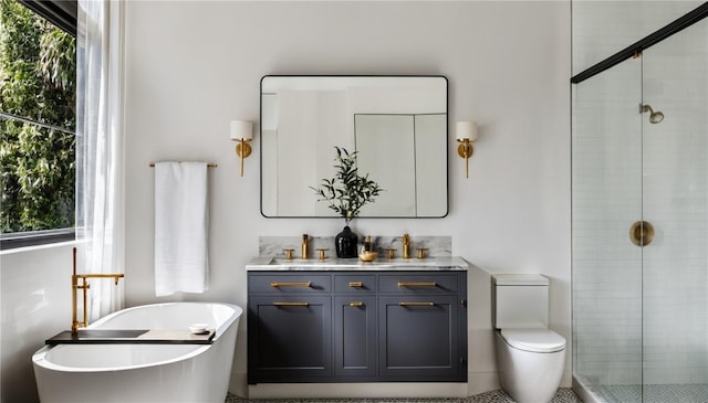 full bathroom featuring vanity, toilet, and separate shower and tub