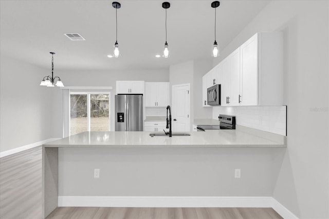 kitchen with sink, appliances with stainless steel finishes, kitchen peninsula, pendant lighting, and white cabinets