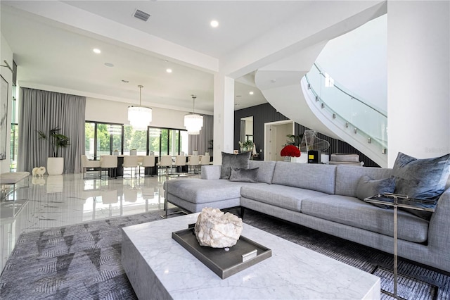 living room with lofted ceiling