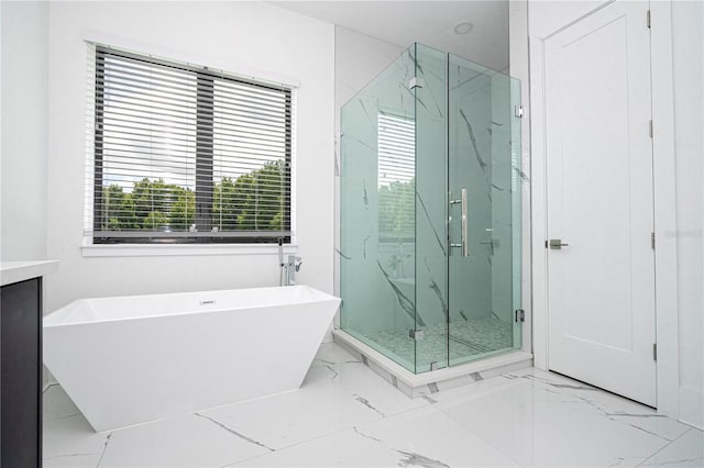 bathroom featuring a healthy amount of sunlight, independent shower and bath, and vanity