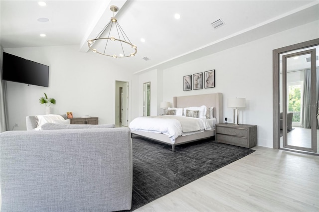 bedroom with access to exterior, wood-type flooring, lofted ceiling with beams, and a chandelier