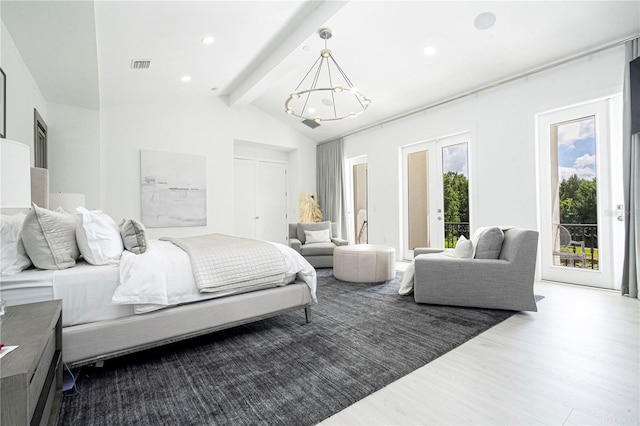 bedroom with wood-type flooring, access to exterior, a chandelier, and lofted ceiling with beams