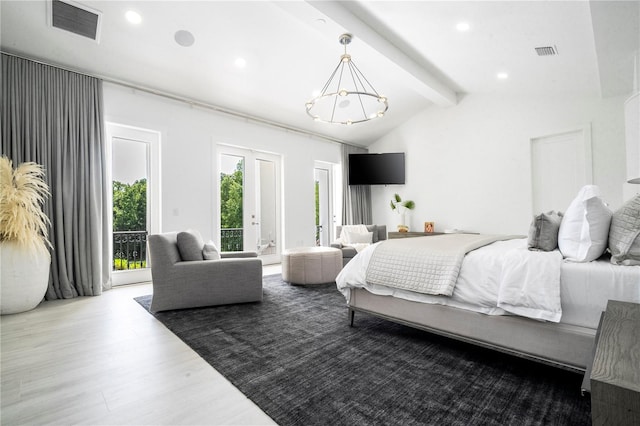 bedroom with hardwood / wood-style floors, vaulted ceiling with beams, access to outside, and a chandelier