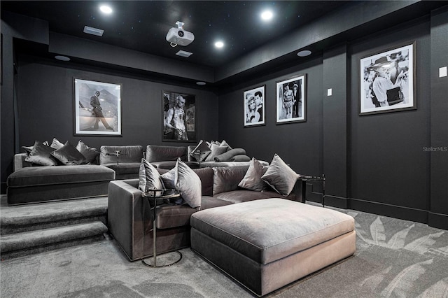 home theater room with carpet flooring