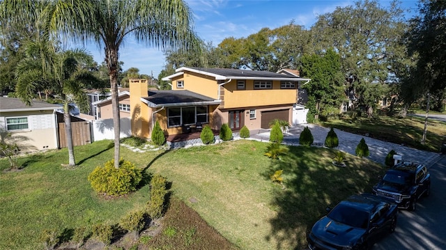 view of front of property with a garage, a sunroom, and a front lawn