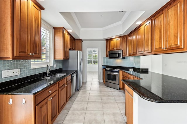 kitchen featuring a raised ceiling, appliances with stainless steel finishes, and dark stone counters