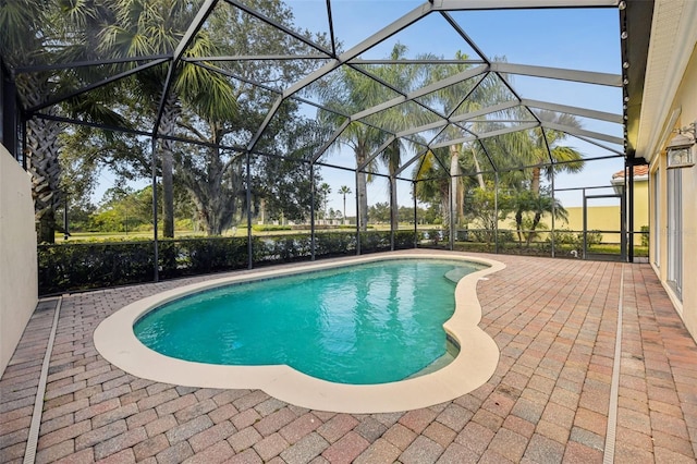 view of swimming pool featuring a patio area and glass enclosure