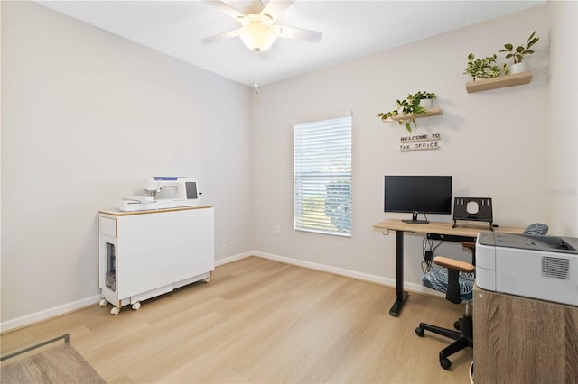 office with ceiling fan and light wood-type flooring