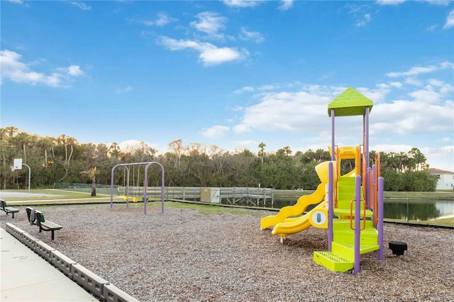 view of play area featuring a water view