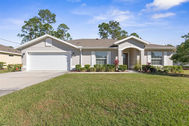 ranch-style house with a front lawn, concrete driveway, an attached garage, and stucco siding