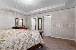 carpeted bedroom featuring a tray ceiling