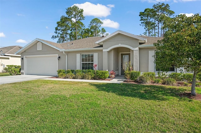 ranch-style home with an attached garage, driveway, a front yard, and stucco siding