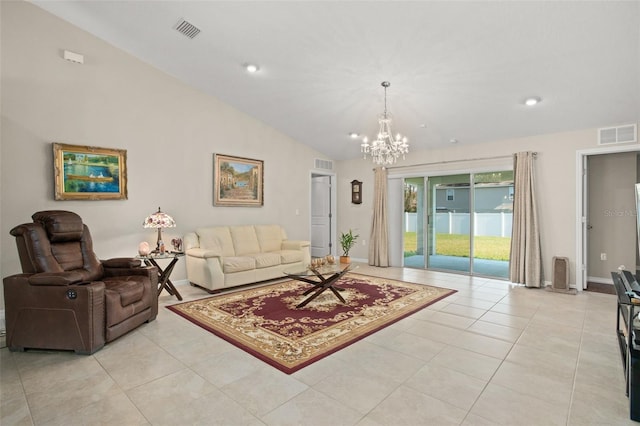 living room with light tile patterned floors, visible vents, and vaulted ceiling