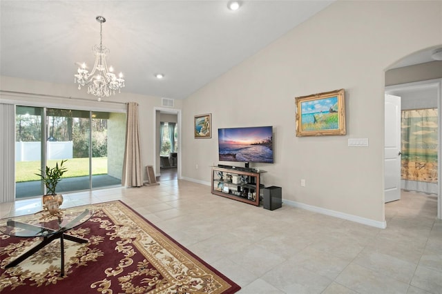 living room with baseboards, visible vents, a chandelier, high vaulted ceiling, and light tile patterned flooring