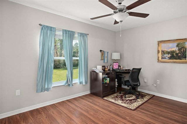 office space with ceiling fan, baseboards, and wood finished floors