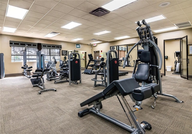 workout area featuring a drop ceiling and light colored carpet