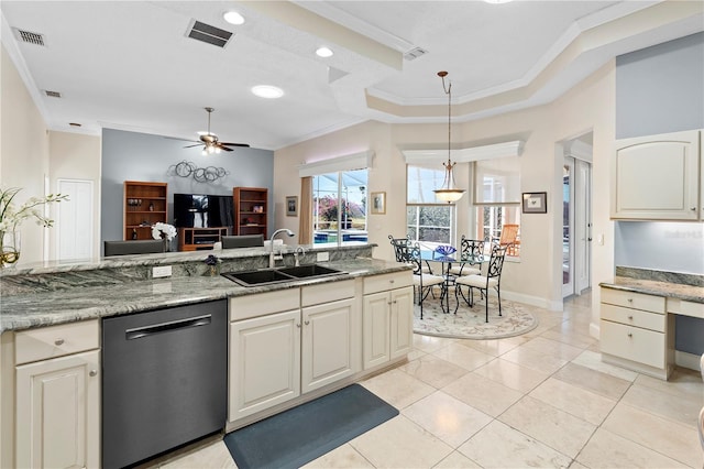 kitchen featuring sink, light stone counters, ornamental molding, dishwashing machine, and pendant lighting