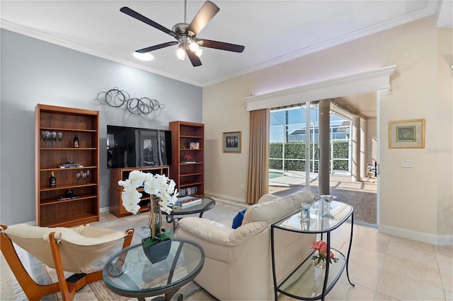 tiled living room featuring crown molding and ceiling fan