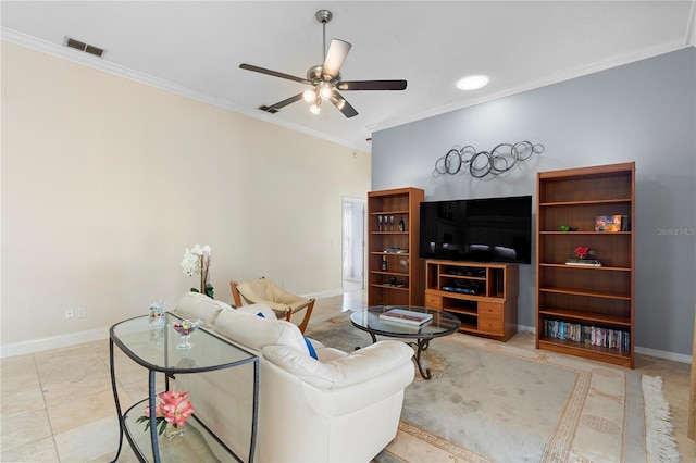 tiled living room with crown molding and ceiling fan