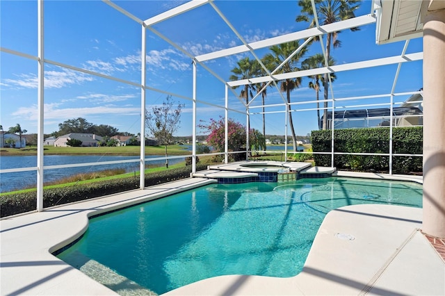 view of pool with a water view, an in ground hot tub, a lanai, and a patio