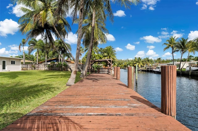 dock area featuring a water view and a yard