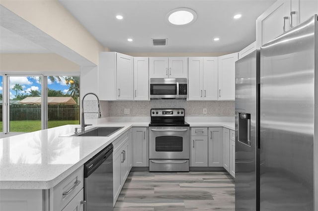 kitchen featuring sink, stainless steel appliances, tasteful backsplash, white cabinets, and kitchen peninsula