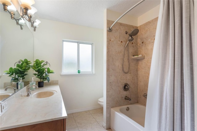 full bathroom with toilet, an inviting chandelier, vanity, shower / bathtub combination with curtain, and tile patterned flooring