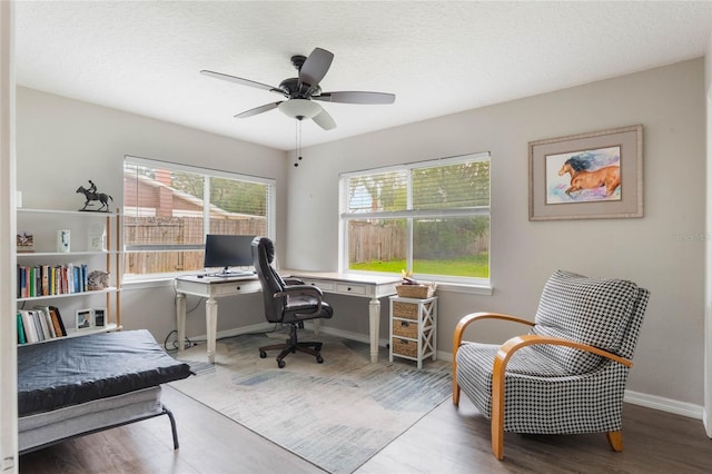 home office featuring ceiling fan, wood-type flooring, and a textured ceiling