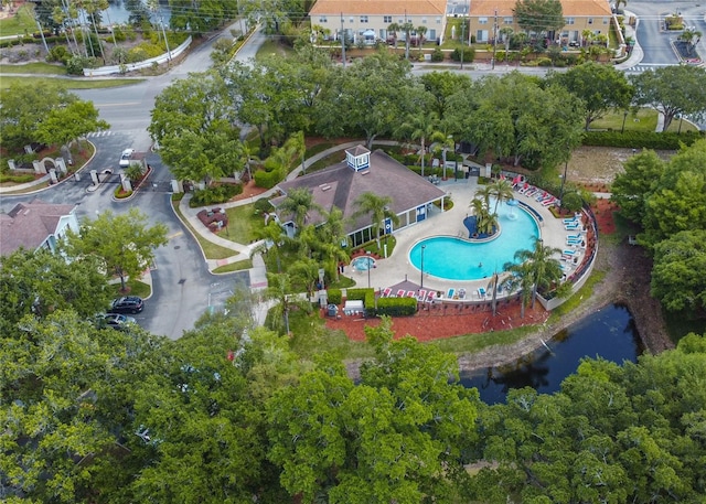 bird's eye view with a water view