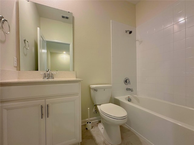 bathroom with visible vents, toilet, tile patterned flooring, vanity, and shower / bathing tub combination