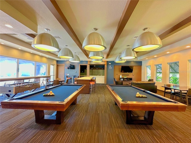 playroom featuring recessed lighting, beamed ceiling, and pool table