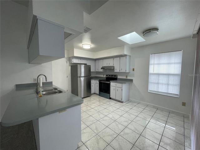 kitchen with appliances with stainless steel finishes, a skylight, sink, gray cabinetry, and kitchen peninsula