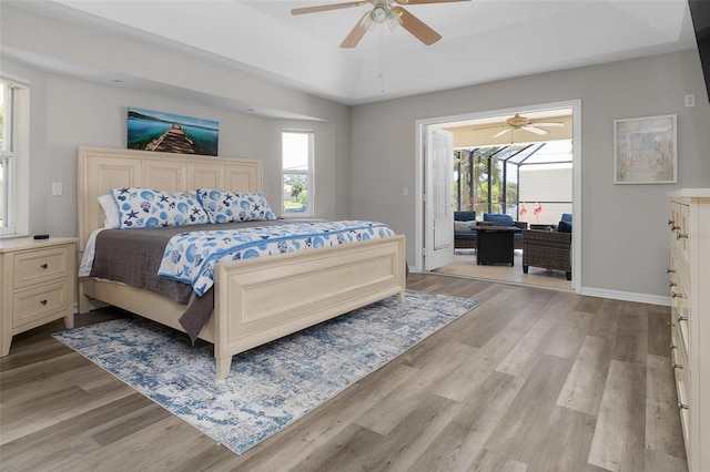 bedroom featuring ceiling fan and light hardwood / wood-style flooring